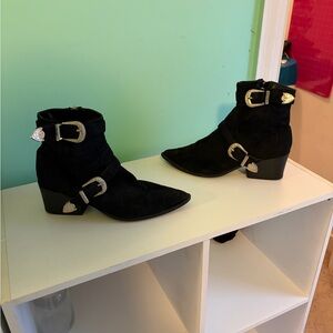 Black Suede Ankle Boots with Silver Buckles